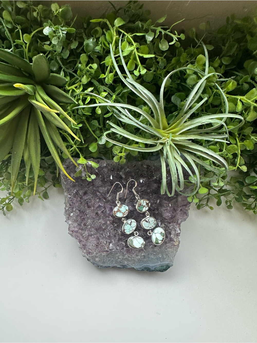 Turquoise Drop Dangle Earrings in Light Blue-Green Sterling Silver 925 - Picture 2 of 7